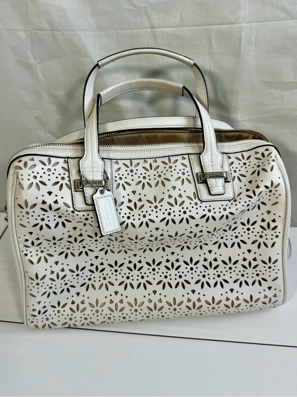 Coach White Laser-Cut Floral Satchel with Silver Hardware